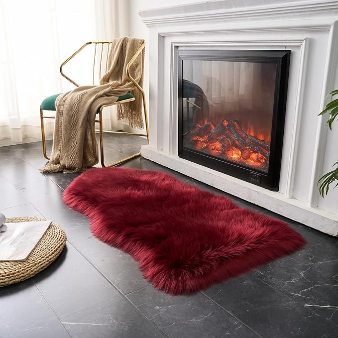 EasyJoy Ultra Soft Fluffy Shaggy Area Rug Faux Fur Rug Chair Cover Seat Pad Fuzzy Area Rug for Bedroom Floor Sofa Living Room (2 x 4 ft Sheepskin, Burgundy)