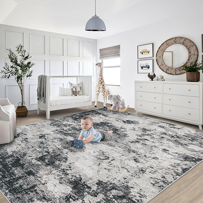 8x10 Area Rugs for Living Room, Washable Modern Abstract Large Area Rug Neutral Soft Non Slip Kids Rug Stain Resistant Indoor Carpet for Bedroom Nursery Dining Room Playroom(Black, 8'x10')