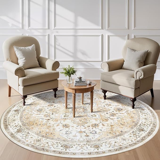 AMADA HOMEFURNISHING Round 6ft Area Rugs, Low-Profile Washable Rug with Non-Slip Backing & Durable Edge Binding, Vintage Rugs for Living Room, Bedroom, Dinning Room