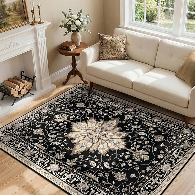 Area Rugs 4'x6' Washable Non-Slip, Floral Vintage Distress Print Pattern Medallion Carpet for Living Room Bedroom Dining Room, Black Brown Neutral Dark Tan