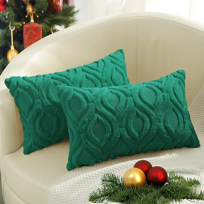 decorUhome Throw Pillow Covers 12x20 Inch Set of 2, Soft Plush Faux Wool Green Solid Couch Pillow Covers, Accent Farmhouse Neutral Rectangle Pillow Cases for Sofa Bed Living Room