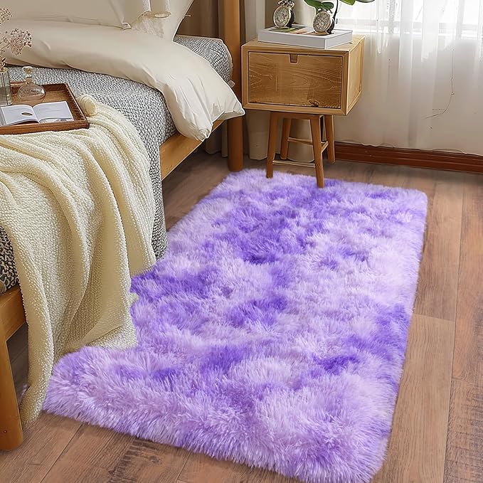 Soft Runner Rugs for Bedroom Hallways, 2x4 Tie-Dyed Purple Fluffy Shag Throw Area Rug Non Slip for Bedside Dorm, Long Shaggy Furry Carpet for Nursery Living Room