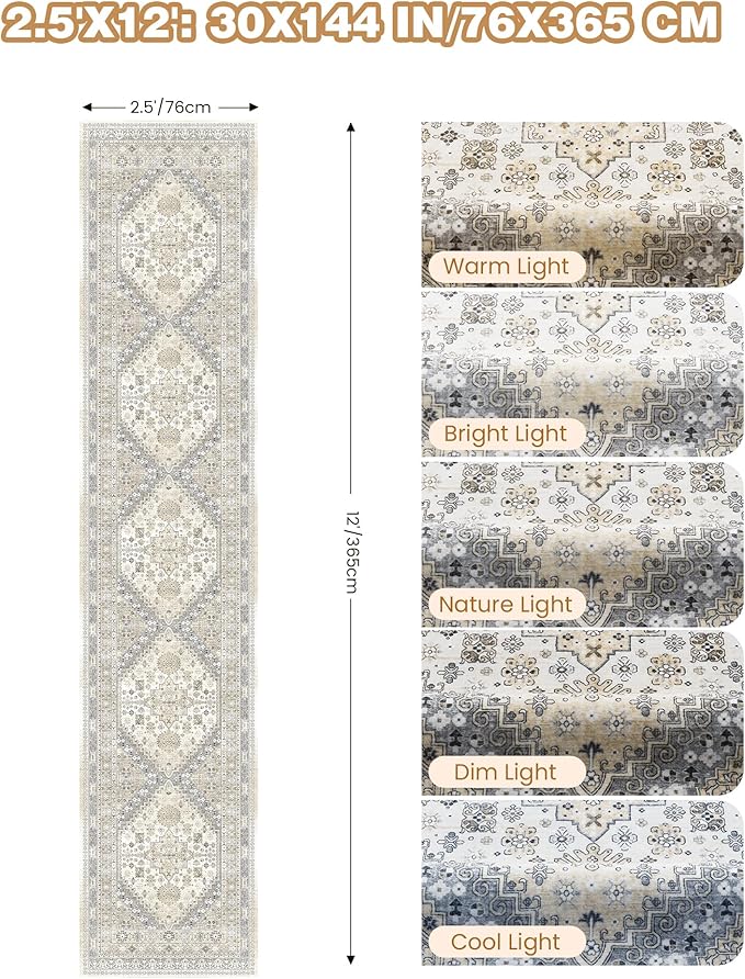 Carpet Runners for Hallway 12ft, Non-Slip Long Bathroom Rugs Runner for Kitchen, Living Room, Bedroom, Soft Vintage Washable Rug for Entryway, Thin Floor Mat for Dining Room(Beige,2.5'x12')