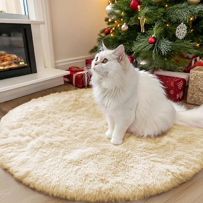 OLANLY Cream Round Rugs for Bedroom - Machine Washable, 3 ft Circle Area Rugs for Living Room, Soft and Fluffy Shaggy Carpet for Teen Girl and Boys, Nursery Rooms, Dorms, Home Decor Aesthetic