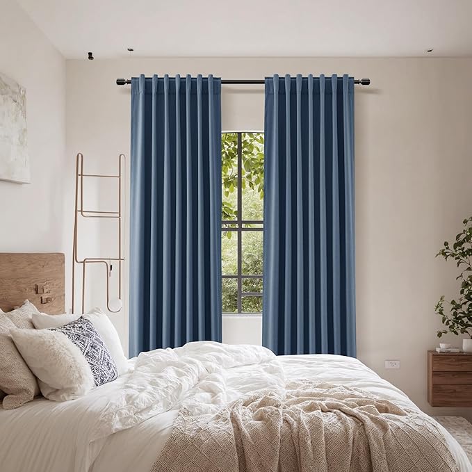 Guken 100% Blackout Curtains 102 Inch Length 2 Panels Set for Living Room Bedroom Back Tab Thermal Insulated Black Out Linen Drapes Room Darkening Window Curtains 102 Inches Long,Denim Blue