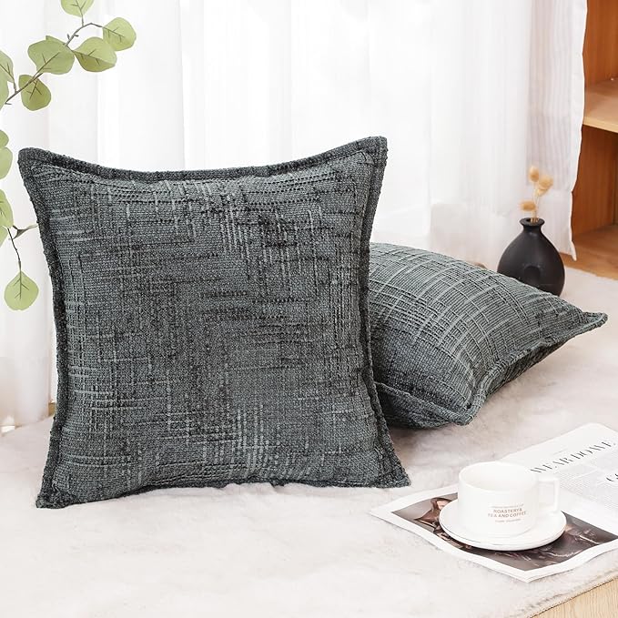 HPUK Fall Chenille Soft Throw Pillow Covers 18x18 Set of 2, Accent Cushion Covers for Living Room, Bedroom, Decorative Solid Color Pillow Covers for Couch, Sofa, Chair, Dark Grey