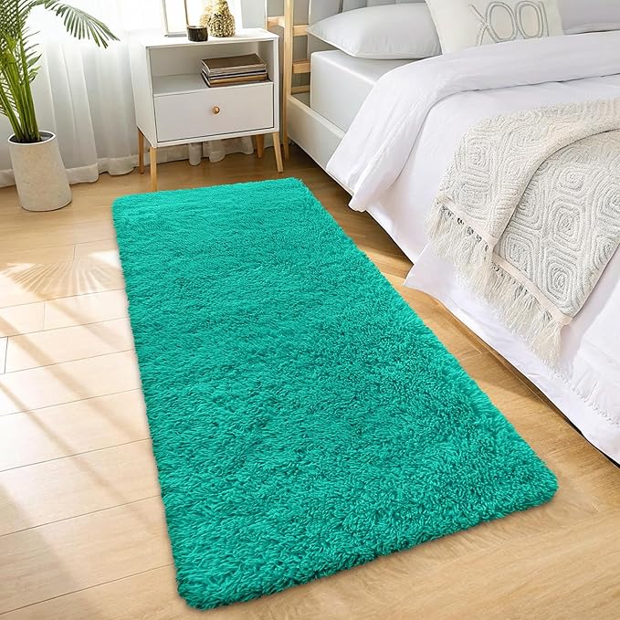OLANLY 2x6 Machine Washable Runner Rugs for Hallway, Soft Fluffy Shaggy Bedside Rugs for Bedroom, Living Room, Indoor Floor Carpet for Kids Girls and Boys, Home Decor Aesthetic, Teal Green