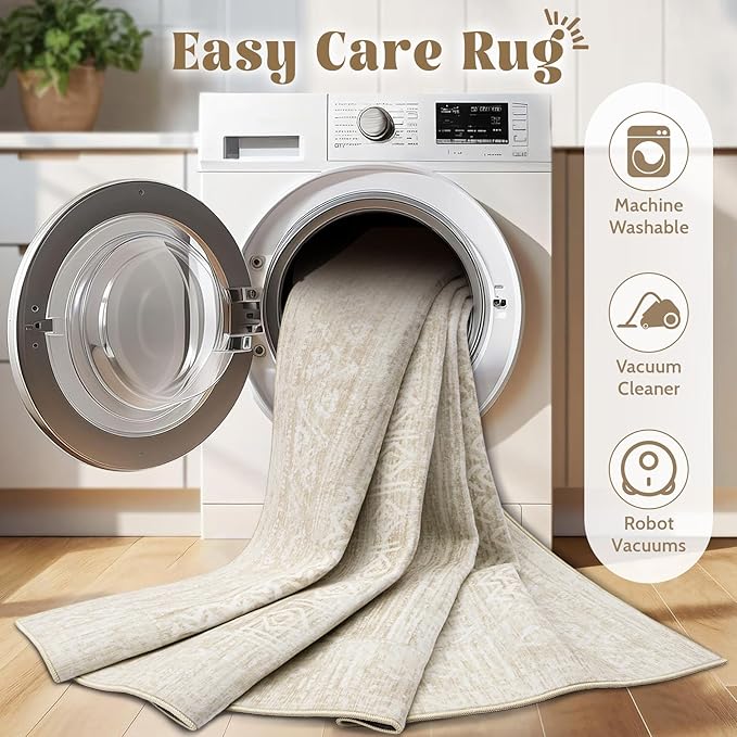 Living Room Rugs 8x10: Washable Moroccan Geometric Boho Rug Farmhouse Non Slip Stain Resistant Large Rug Low Pile Soft Carpet for Bedroom Dining Room Kids Room (Ivory Beige,8'x10')