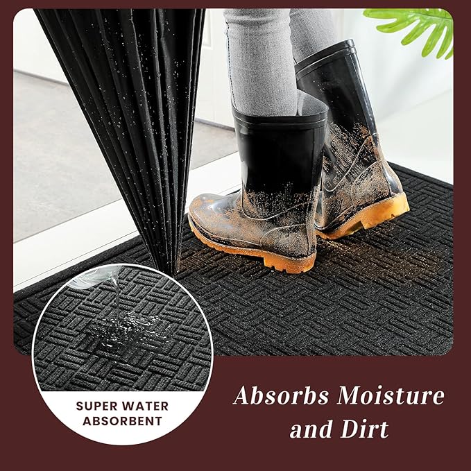 Mibao Front Door Mat Indoor Outdoor Entrance, Dirt Trapping Waterproof All-Season, All-Weather Doormat, Non-Slip Durable Natural Rubber Low Profile Easy Clean Patio Entrance Mat, 29.5" x 17", Black