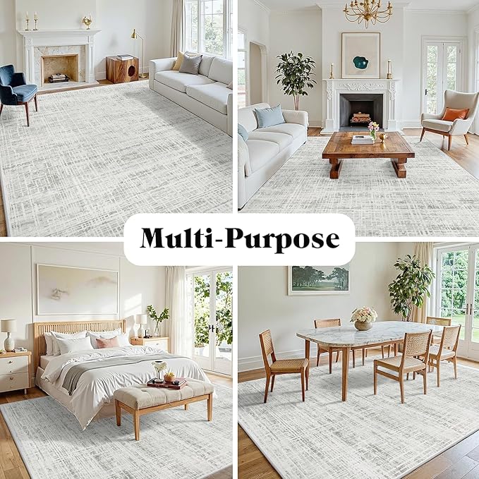 6x9 Area Rugs Washable Rug: Anti-Skid Abstract Modern Living Room Rug Soft Thin Carpets Indoor Floor Non-Shedding Carpet for Bedroom Dining Farmhouse Nursery Home Office (White Gray, 6'x9')