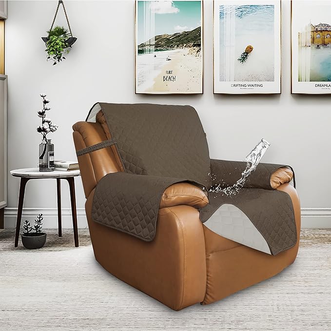 ISSUNTEX Double Protection 100% Waterproof Recliner Covers for Living Room, Reversible Furniture Protector Recliner Couch Sofa Slipcover for Dogs, Pets, Kids (Oversized Recliner, Camel/Ivory)