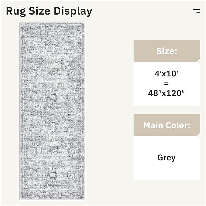 4x10 Wide Hallway Runner Rug: Washable Soft Rug Runners for Living Room Bedroom Ktichen, Stain Resistant Low Pile Area Rugs Non Slip Floor Carpet (Grey, 4x10)
