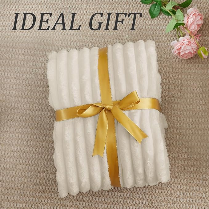 BEDELITE Fleece Throw Blanket for Couch - 300GSM Soft & Warm Fluffy Beige Blanket, Decorative and Giftable Striped Blankets for Women, Men, 50"x70"