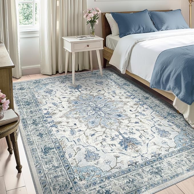 Area Rugs 5'x8' Washable Non-Slip, Floral Vintage Distress Print Pattern Medallion Carpet for Living Room Bedroom Dining Room, Light Blue Navy Beige Gray White