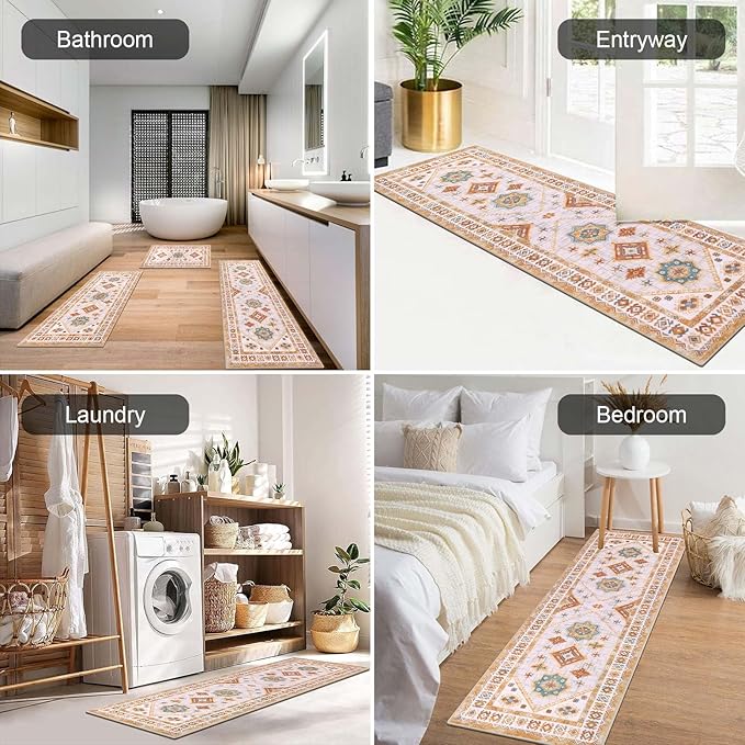 HEBE Boho Kitchen Rug Sets 3 Piece with Runner Non Slip Kitchen Rugs and Mats Washable Kitchen Mats for Floor Thick Kitchen Floor Mat Carpet Runner Rugs for Hallway Laundry Holiday Decor