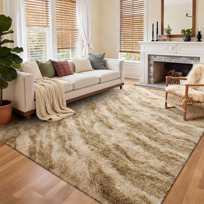 Area Rugs for Living Room, Tie-Dyed 6x9 Feet Soft Fluffy Shagg Plush Rug High Pile Large Indoor Modern Non-Slip Floor Carpet for Bedroom Nursery Kids Home Room Dorm Decor Aesthetic Khaki