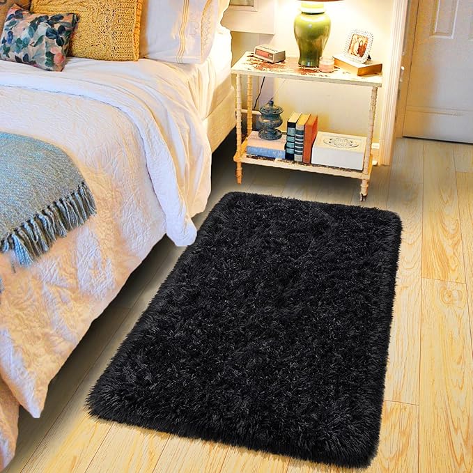 Pionblank Fluffy Small Rug for Bedroom 2x3 Feet, Shag Soft Area Rug, Modern Plush Carpet, Furry Cute Bedside Rug for Kids Girls Boys Room Nursery Decor, Black