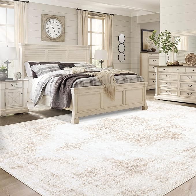 Area Rug 10x14 Vintage Rugs: Large Washable Living Room Rug Retro Medallion Distressed Soft Low Pile Non-Slip Rugs Indoor Floor Carpet for Bedroom Nursery Dining Table Office (Beige,10'x14')