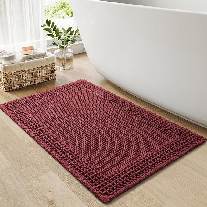 RESARE Waffle Bath Mat for Bathroom, Super Absorbent Bathroom Rugs Non Slip Machine Washable, Ultra Soft Quick Dry Boho Bath Rugs with Tassels for Floor, Upgraded Bordered Design, 18"x30" Dark Red