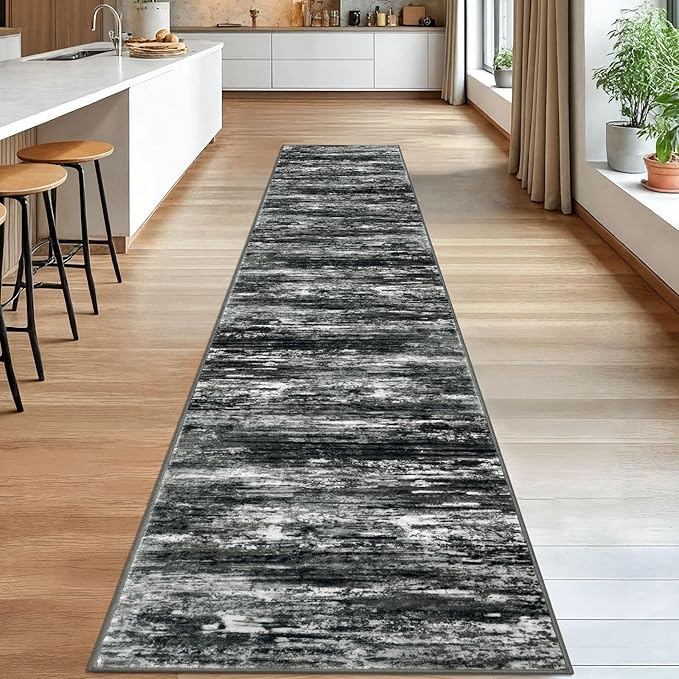 KOZYFLY Modern Abstract Washable Rug Runner 2.6x14 Hallway Rug Runner Non-Slip Soft Kitchen Runner Rugs, Black Grey Striped Carpet for Entryway Bathroom Laundry Room Foyer