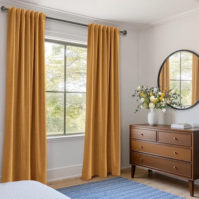 100% Blackout Shield Linen Blackout Curtains for Bedroom 108 Inches Long,Back Tab/Rod Pocket Living Room Drapes,Thermal Insulated Textured Blackout Curtains 2 Panels Set,50" W x 108" L,Mustard Yellow