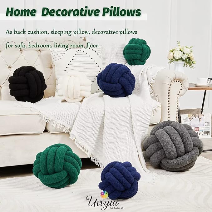 Uvvyui Knot Pillow Ball, Soft Home Decorative Pillows, Round Throw Pillow, Handmade Knotted Plush Pillow, Round Boucle Pillow Cushion (14 Inches Dark Green)