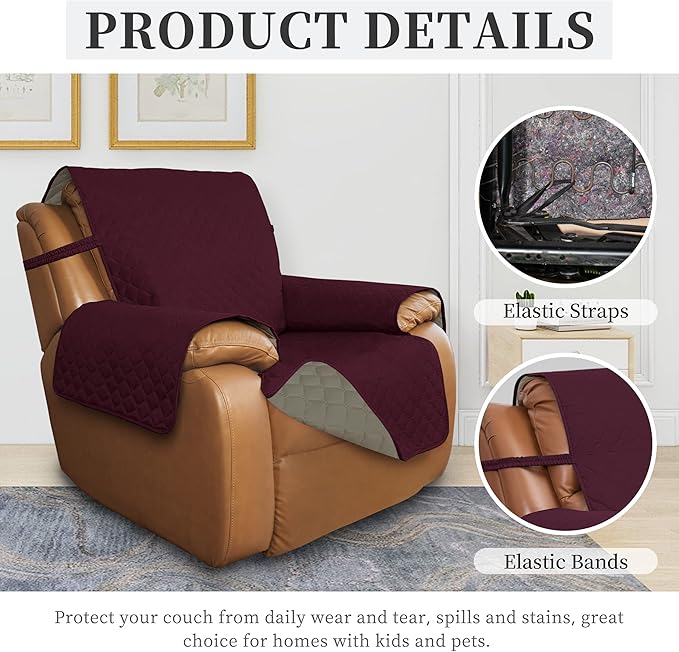 ISSUNTEX Double Protection 100% Waterproof Recliner Covers for Living Room, Reversible Furniture Protector Recliner Couch Sofa Slipcover for Dogs, Pets, Kids (Oversized Recliner, Wine/Beige)