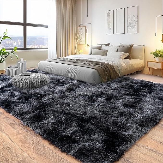 Pionblank 8x10 Rug for Living Room, Fuzzy Plush Large Area Rug, Fluffy Modern Shag Non Slip Soft Furry Carpet for Bedroom Kids Room Nursery Teens Dorm Home Decor, Dark Grey
