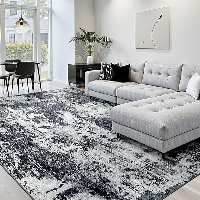Washable Area Rugs 9'x12' Non-Slip Modern Abstract Soft for Living Room Entryway Bedroom Nursery, Print Pattern, Black Navy Blue Gray