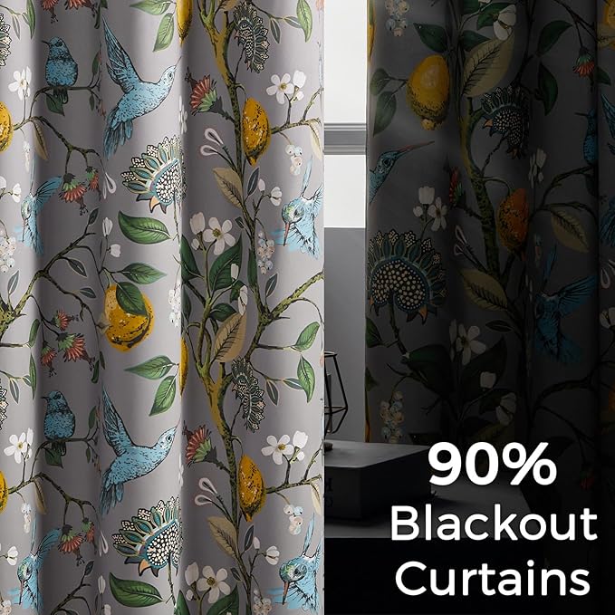 Topfinel Gray Patterned Curtains 96 Inch Long for Living Room, Bedroom Blackout Elegant Vintage Botanical Floral Hummingbird Drapes Grommet Window Treatments for Sliding Door 2 Panel 96 Inch Length
