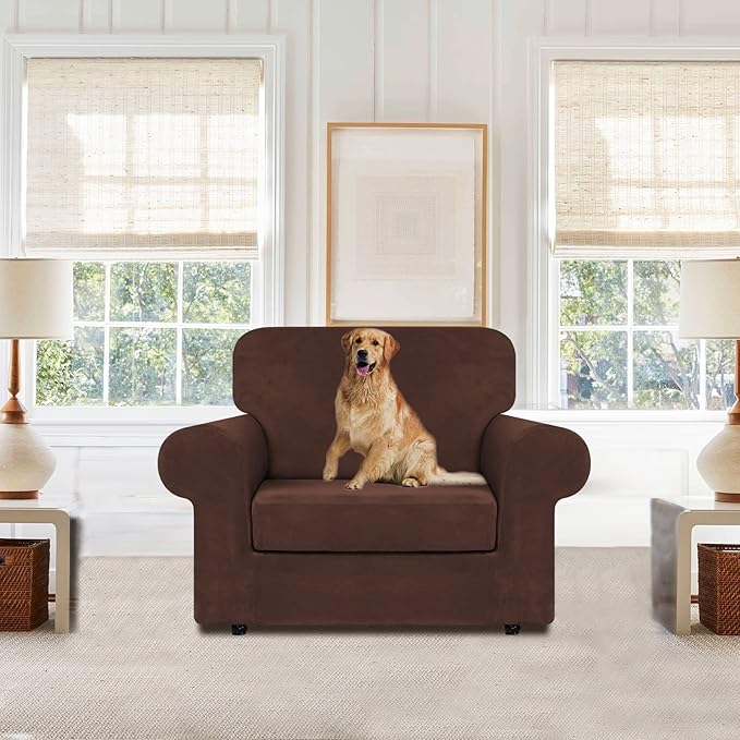 WEERRW Velvet Stretch Chair Sofa Slipcover - 2 Pieces Luxury Soft Velvet Plush Couch Cover Furniture Protector with Elastic Bottom for Pets, Machine Washable, Chocolate, Small