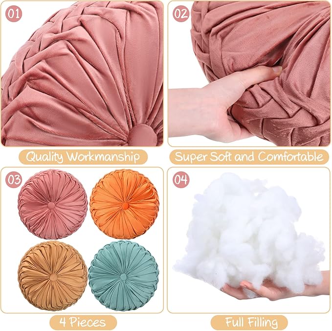 Kathfly Set of 4 Decorative Round Pleated Throw Pillows, Classy Velvet Pumpkin Round Throw Pillows, Decorative Floor Pillow for Bed Chair Home Sofa Decor, 14" Diameter(Colorful)