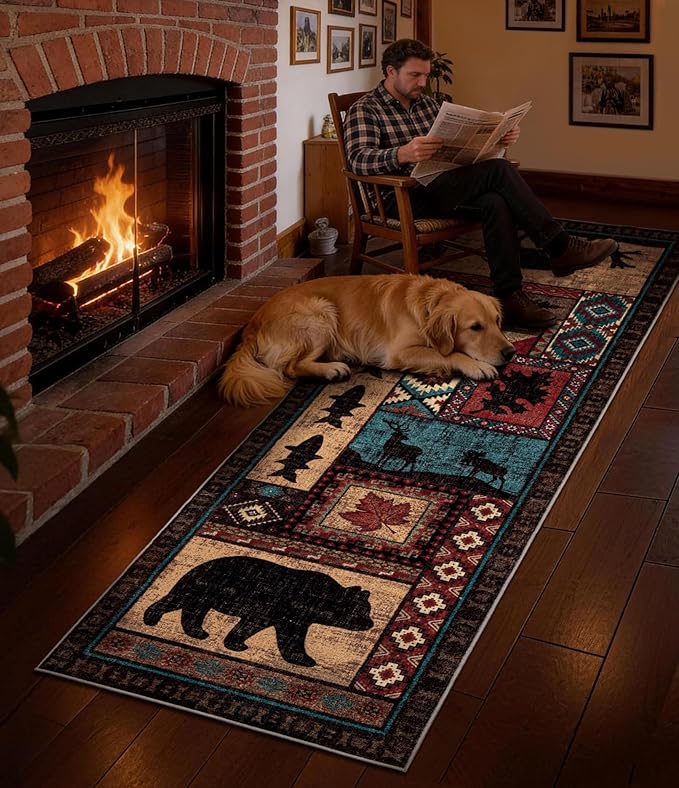 Rustic Cabin Hallway Runner Rug 2'8"x8' - Bear Washable Rug, Non-Slip Low Pile Soft Farmhouse Carpet, Southwestern Wildlife Print Floor Runner Rugs for Kitchen, Entryway, Laundry, Bedroom