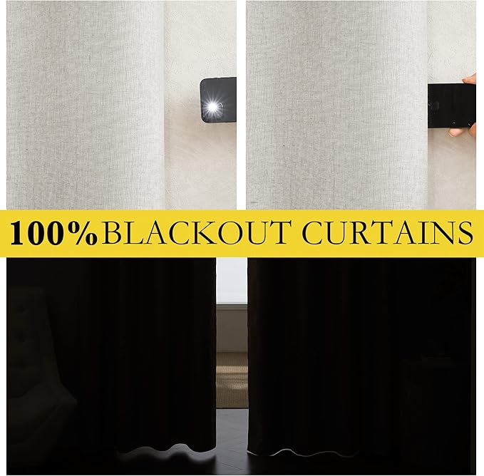 NICETOWN 100% Absolutely Blackout Linen Curtains with Thermal Insulated White Liner, Natural, W52, 2 Pieces, Noise Reducing Textured Linen Look Curtains for Windows 108 inch Length for Classroom