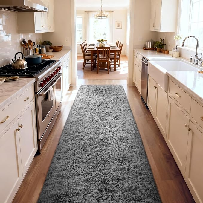 Ophanie 2x10 Runner Rug for Hallway, Upgrade Non-Slip Fluffy Soft Bedside Rugs, Bedroom Living Room Grey Shaggy Gray Carpet for Kids Girls Boys Dorm Nursery Home Decor Aesthetic