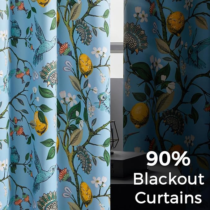 Topfinel Blue Patterned Curtains 2 Pages 96 Inches Long Blackout Heat Block Farmhouse Watercolor Floral Flower Hummingbird Printed Drapes Grommet Window Treatment for Living Room,96 Inch Length