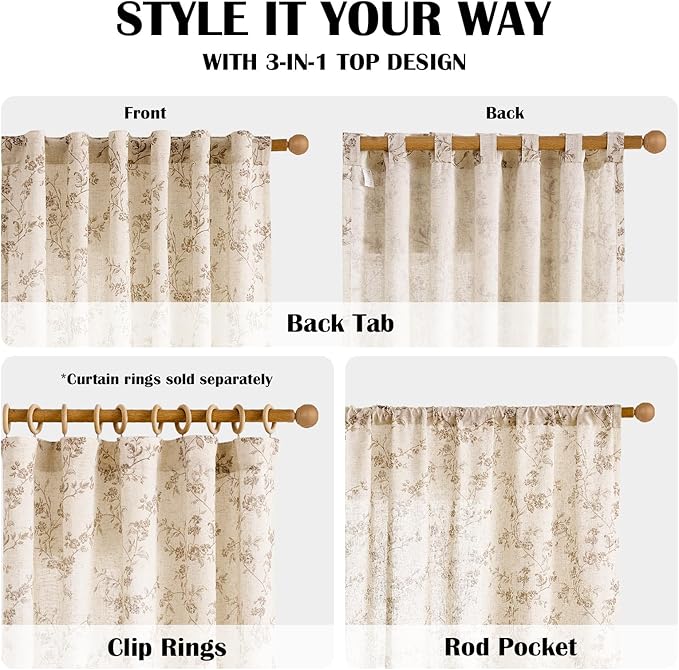 Lazzzy 90 Inch Curtain for Living Room Taupe Floral Drapes Linen for Bedroom Dining Room Farmhouse Vintage Light Filtering Curtains Rod Pocket Back Tab, 2 Panels Set, Taupe on Beige