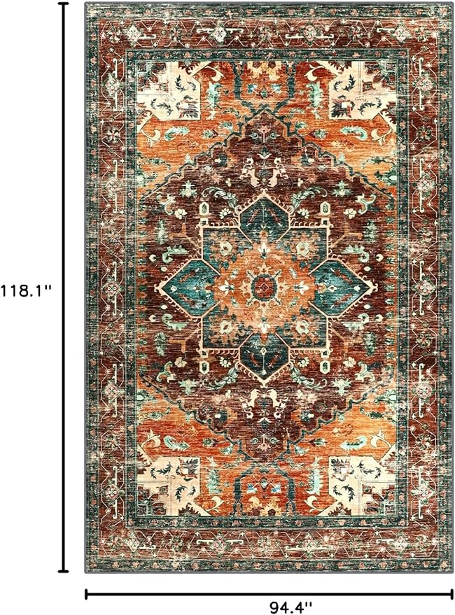 Yamaziot 8x10 Large Area Rug, Non-Slip Washable Boho Vintage Living Room Bedroom Rug with Rubber Backing, Low Pile Faux Wool Soft Distressed Rug Floor Carpet for Living Room, Bedroom