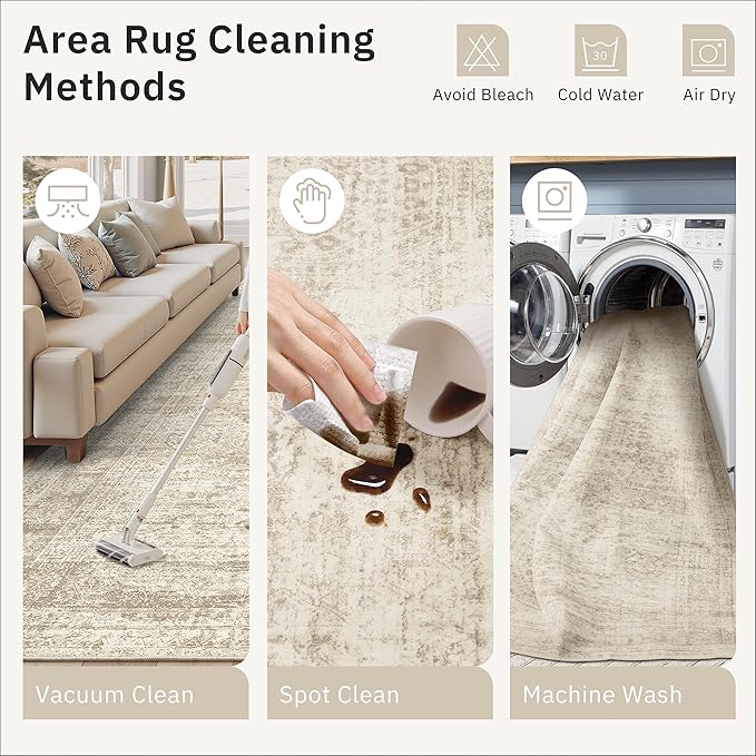 5x5 Beige Round Rug 5ft Living Room Circle Rug Vintage Round Area Rug Non Slip Indoor Carpet for Entryway Dining Room Bedroom