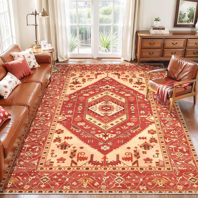 SERISSA 5x7 Boho Area Rug, Washable Non-Slip Rugs for Living Room, Large Red Rug Ultra Soft Vintage Oriental Print Distressed Carpet for Bedroom Dining Room Dorm Office Home Decor