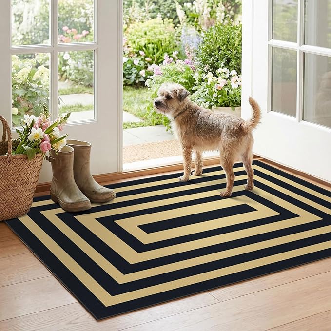 Modern Outdoor Rug - 28" x 43" Front Door Mat Indoor Outside Entrance Non-Slip Washable Outdoor Mat Black Tan Geometric Rug for Entryway Kitchen Bedroom Layered Doormat for Front Porch