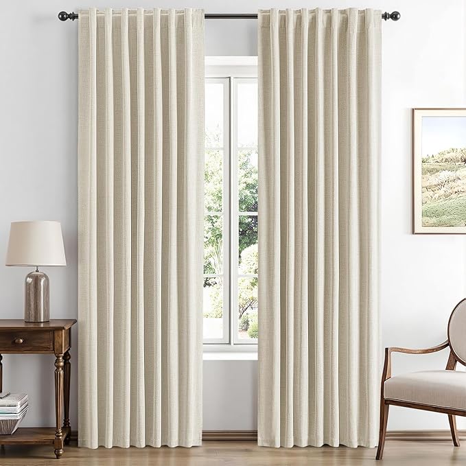MIULEE 100% Blackout Linen Curtains for Bedroom, Cream Solid Luxury Decor Thermal Insulation Room Darkening Drapes for Living Room Nursery Back Tab Rod Pocket 42 x 84 Inches, 2 Panels
