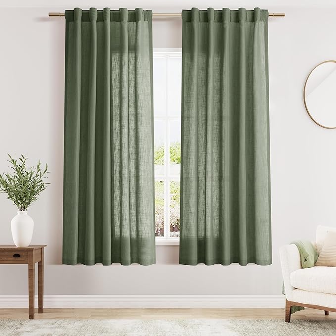 Olive Green Linen Sheer Curtains 63 Inch Length 2 Panel Set Back Tab Rod Pocket Semi Sheer Light Filtering Breathability Country Style for Narrow Window Drapes for Bedroom Living Room 40x63