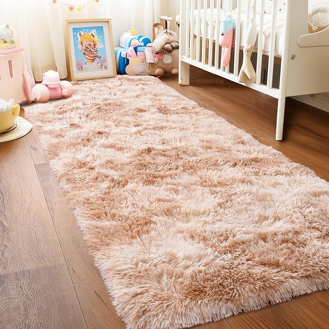 Pionblank Fluffy Runner Rugs for Bedroom 2x6, Modern Shaggy Area Rug for Hallway Living Room, Plush Soft Fuzzy Bedside Carpet for Kids Girls Boys Room Nursery, Tie-Dyed Beige