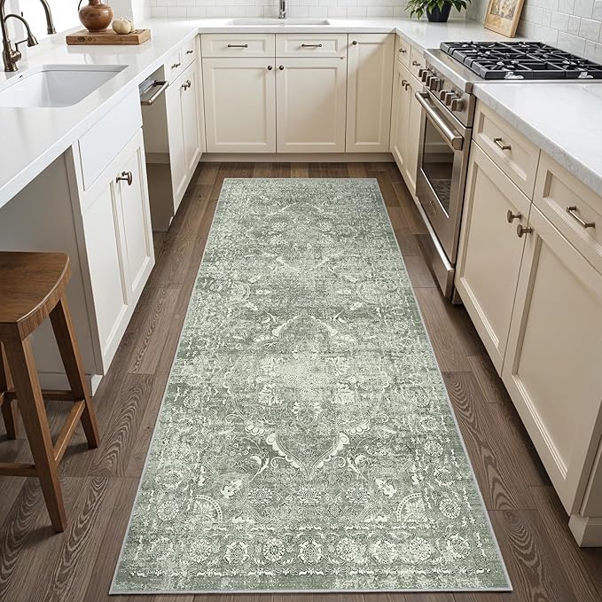 Hallway 2x6 Washable Runner - Non-Slip Vintage Long Rug for Entryway Low-Pile Medallion Runner for Hallway Waterproof Traditional Runners Indoor Thin Rug for Kitchen (Muted Sage Green, 2x6)