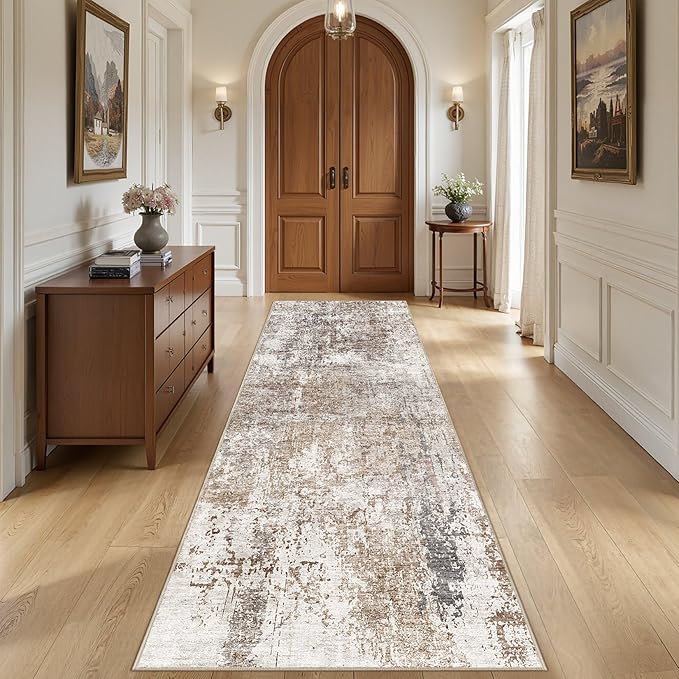 UERMEI 3X10 Washable Runner Rug for Hallway: Soft Neutral Modern Abstract Area Rug - Non-Slip Low Pile Long Throw Indoor Carpet for Kitchen Entryway Kitchen Bedroom Laundry Bathroom - Brown/Grey/Red