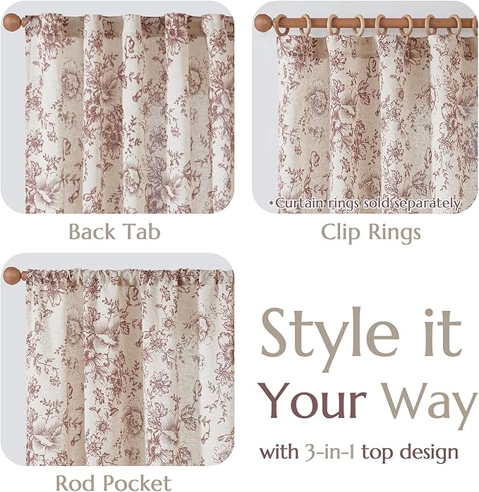 jinchan Linen Blend Curtain Floral Curtains for Living Room 63 Inch Length Farmhouse Brick Red Printed Curtain Rod Pocket Back Tab Peony Flower Patterned Drapes Curtains Set 2 Panels