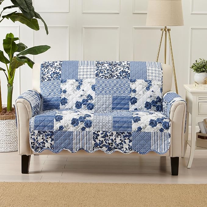 Great Bay Home Reversible Patchwork Loveseat Cover - Washable Slipcover Furniture Protector with Elastic Straps - Perfect for Kids & Pets - Box-Stitched Detail (Navy)