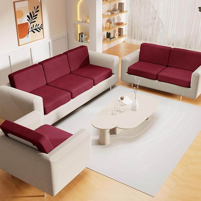 hyha Waterproof Couch Cushion Covers for Pets, Non Slip Sofa Seat Cover for Dogs Washable, Soft Thick Stretch Jacquard Fabric, Sofa Slipcovers with Elastic Bottom (1 Piece for Large, Wine Red)