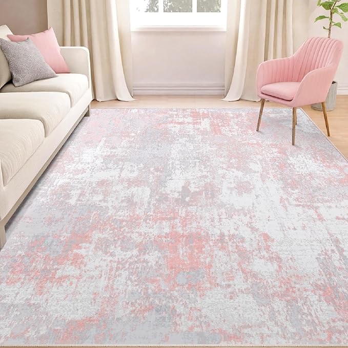 Washable Area Rugs 6'x8' Non-Slip Modern Abstract Soft for Living Room Entryway Bedroom Nursery, Print Pattern, Grey Pink